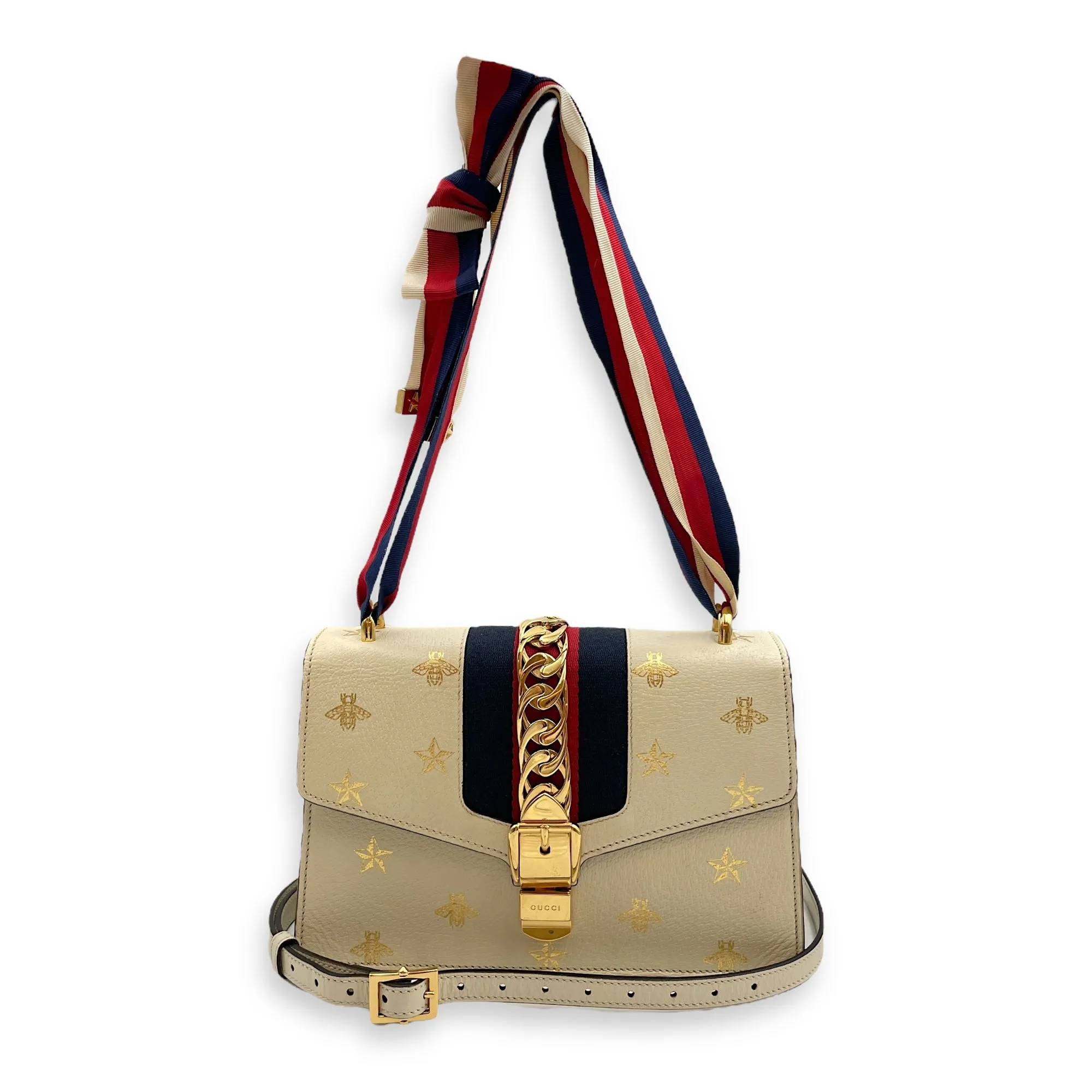 Sylvie Bee Star Print Beige Crossbody Bag in Calfskin, Gold hardware