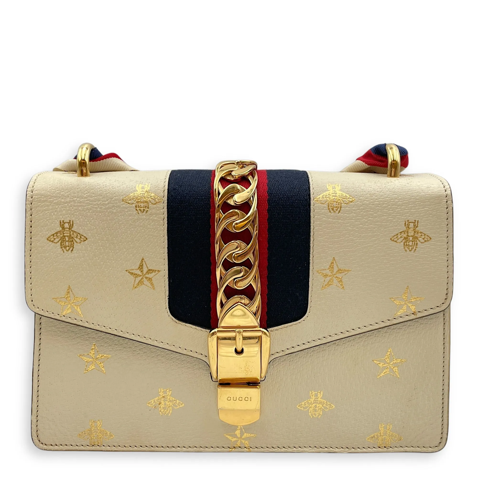 Sylvie Bee Star Print Beige Crossbody Bag in Calfskin, Gold hardware