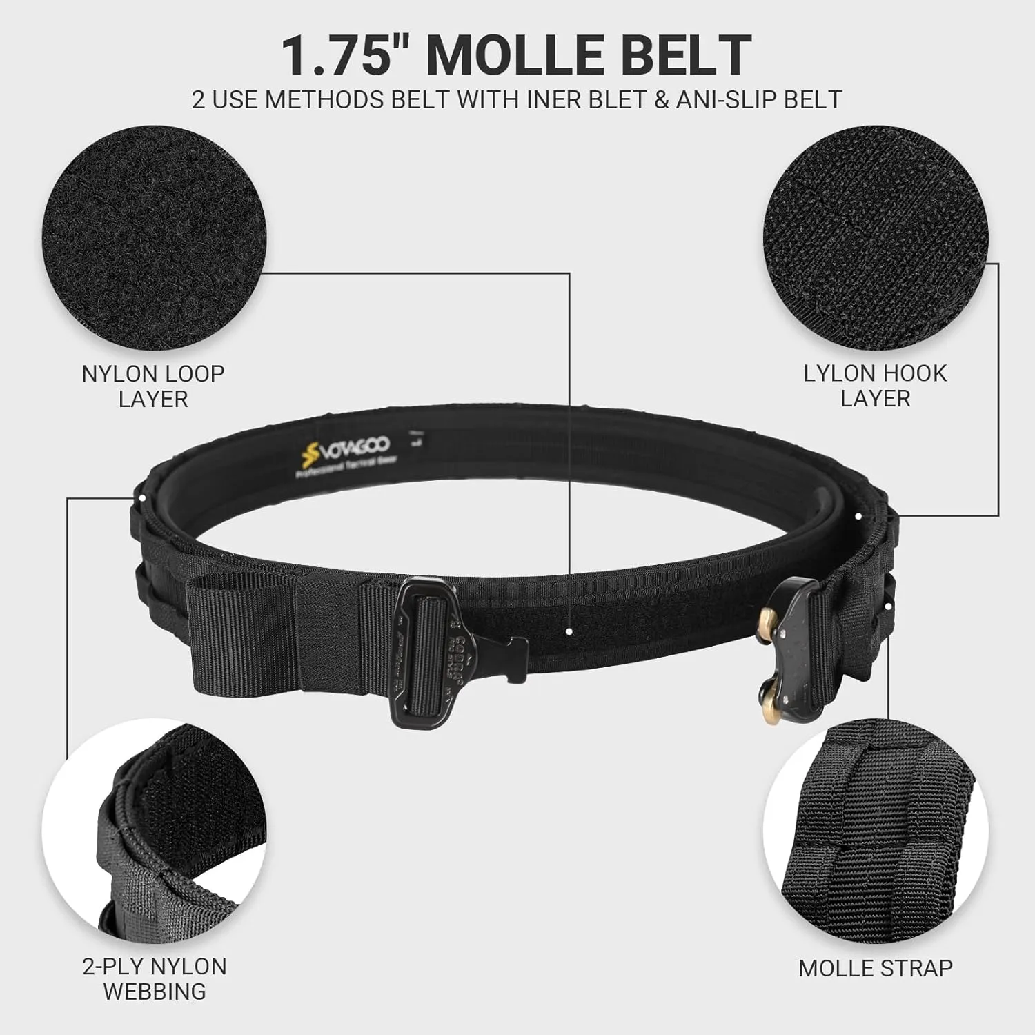 Tactical Belt, 1.75” Molle Belt with Cobra Quick Release Buckle, Heavy Duty Gun Belt with Anti-slip Pad