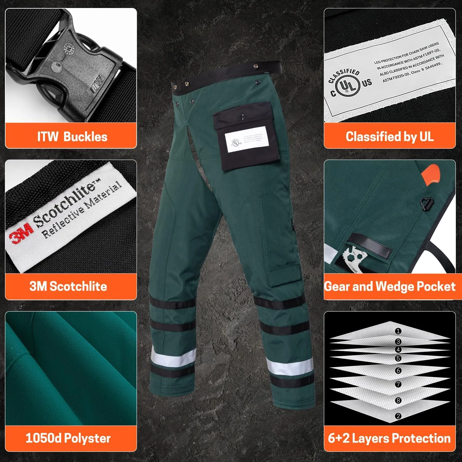 Technical Wrap Chainsaw Chaps by UL Class A 8 Layers Chainsaw Pants Apron Style Army Green