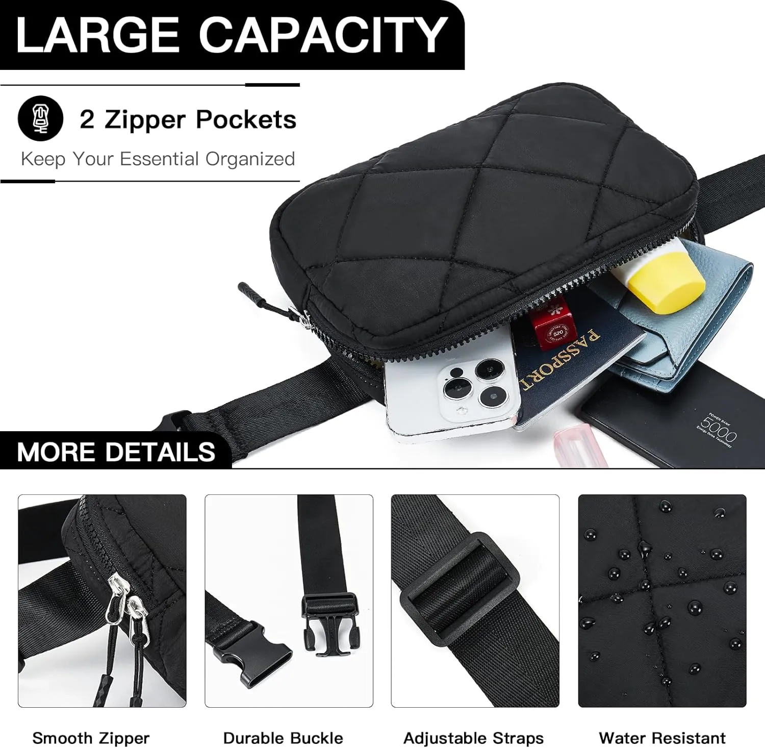 Telena Fanny Pack Cross Body Bag Quilted Puffy Padded Belt Bag for Women Winter Cloud Waist Puffer Crossbody Bag with Adjustable Strap Black