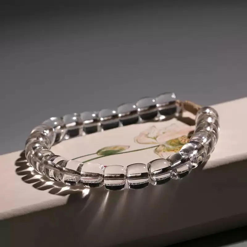 Tibetan White Crystal Barrel Bead Bracelet for Clarity & Healing