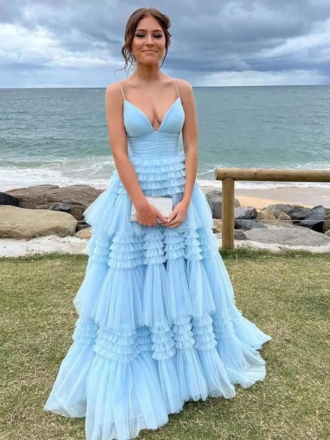 Tiered Glitter Tulle Prom Dresses for Women Princess Ball Gown Long Formal Evening Dress with Slit