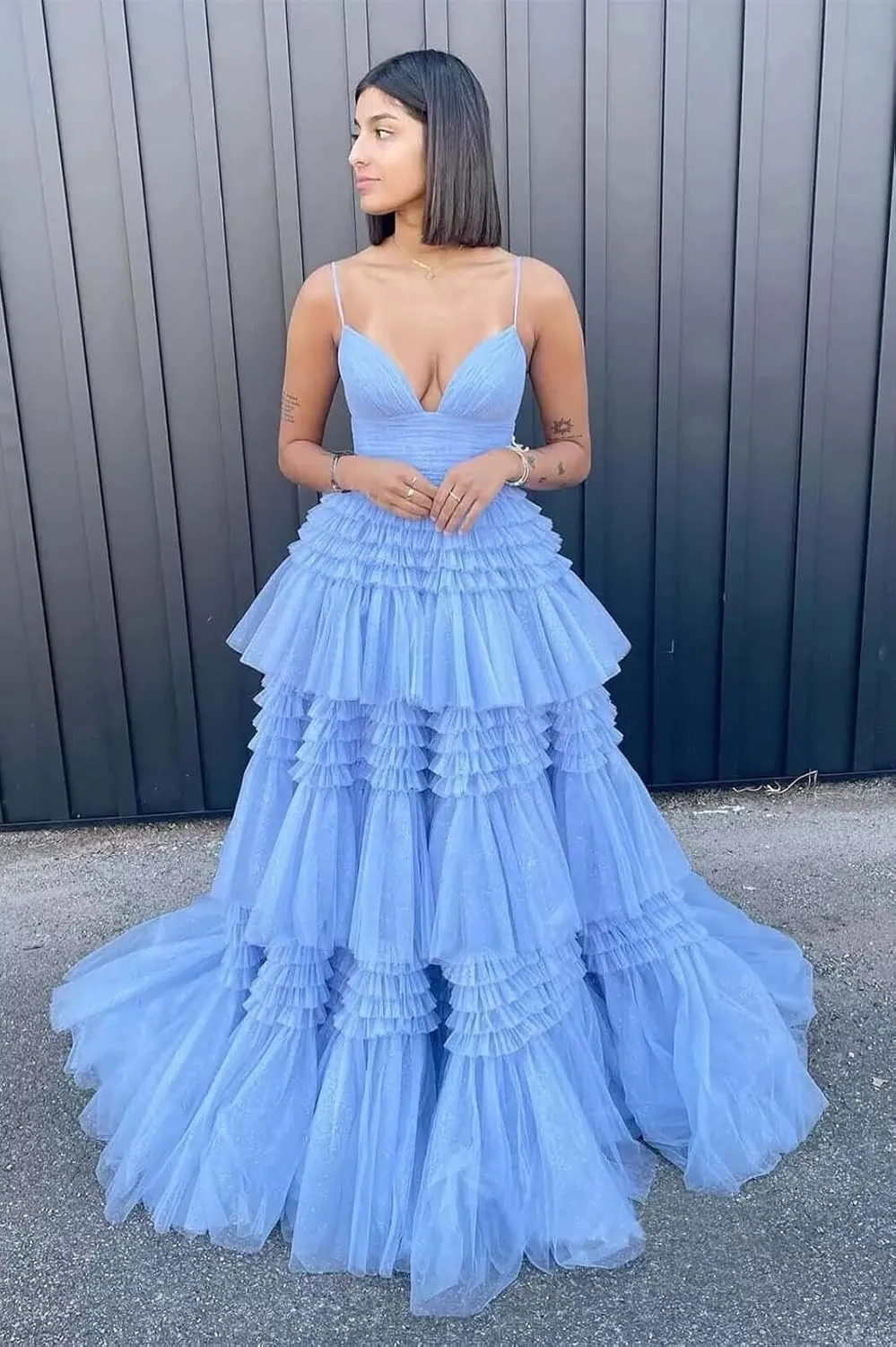 Tiered Glitter Tulle Prom Dresses for Women Princess Ball Gown Long Formal Evening Dress with Slit