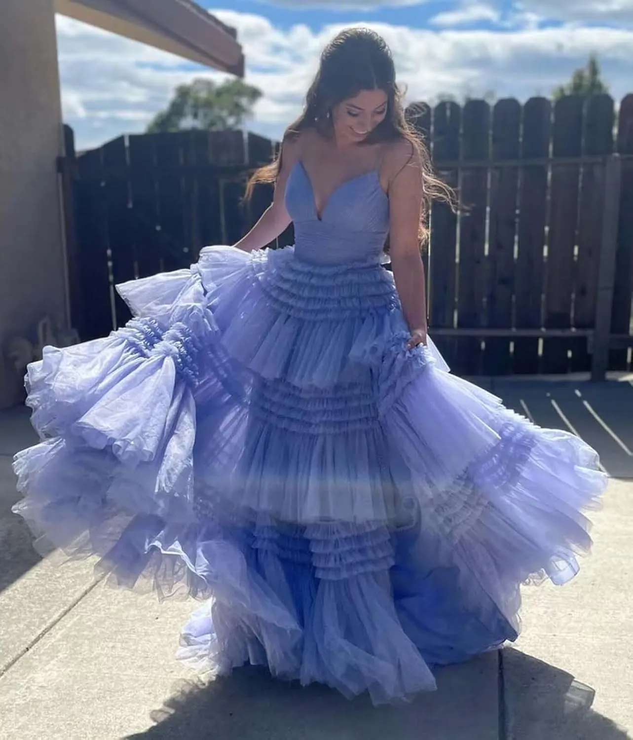 Tiered Glitter Tulle Prom Dresses for Women Princess Ball Gown Long Formal Evening Dress with Slit