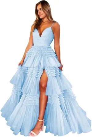 Tiered Glitter Tulle Prom Dresses for Women Princess Ball Gown Long Formal Evening Dress with Slit