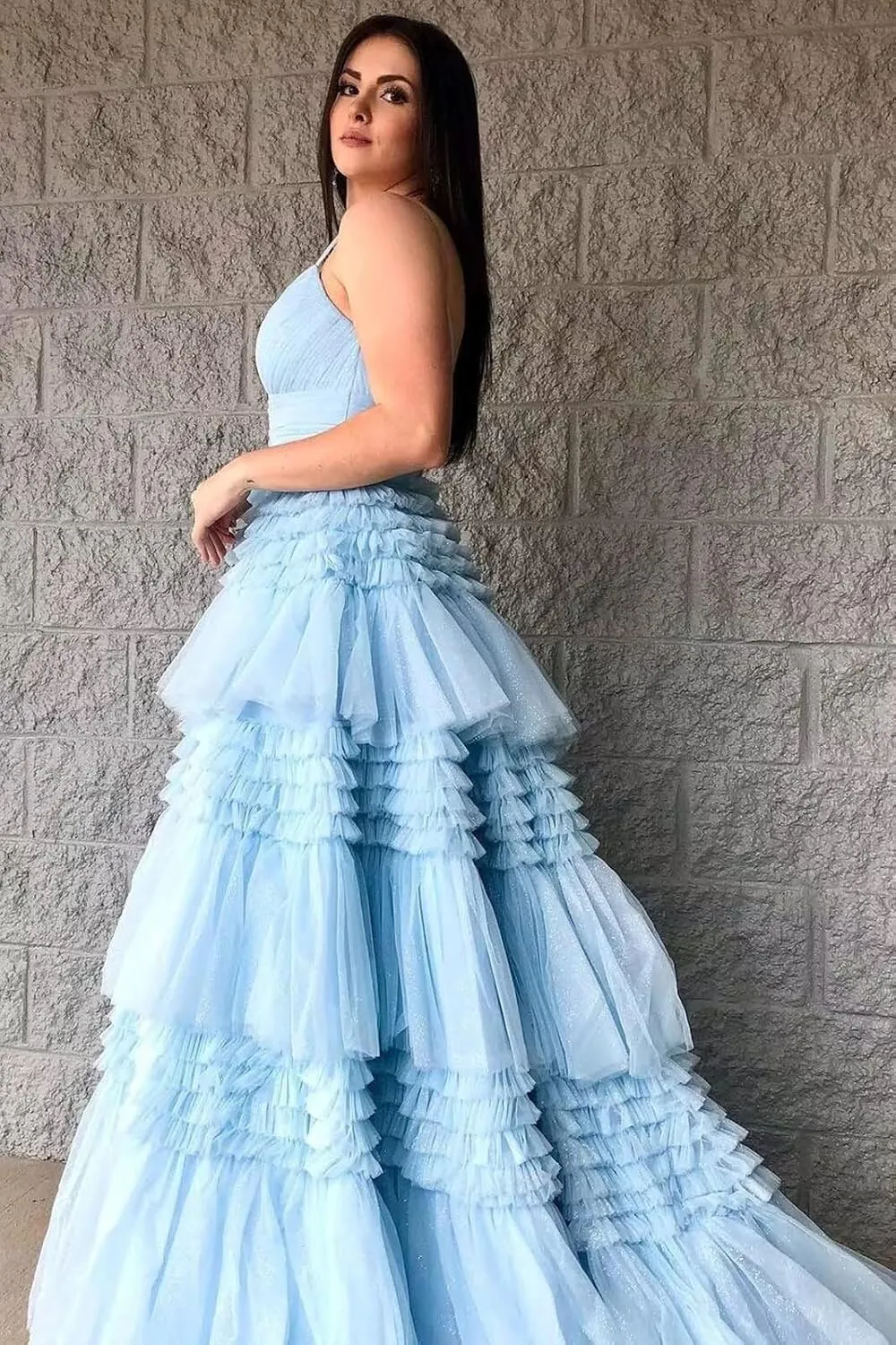 Tiered Glitter Tulle Prom Dresses for Women Princess Ball Gown Long Formal Evening Dress with Slit