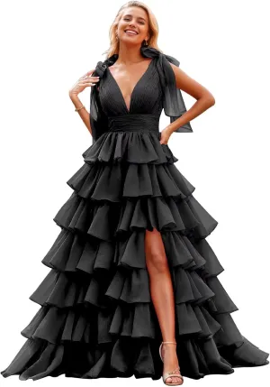 Tiered Ruffle Prom Dresses for Women Long Slit Tulle Formal Evening Dress with Bow