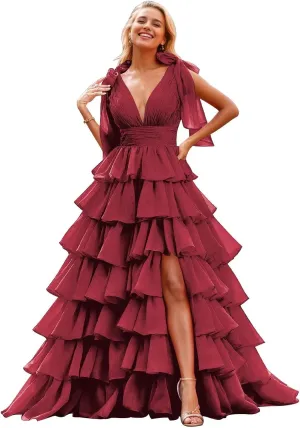 Tiered Ruffle Prom Dresses for Women Long Slit Tulle Formal Evening Dress with Bow