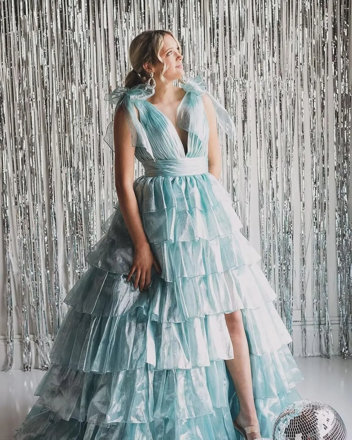 Tiered Ruffle Prom Dresses for Women Long Slit Tulle Formal Evening Dress with Bow