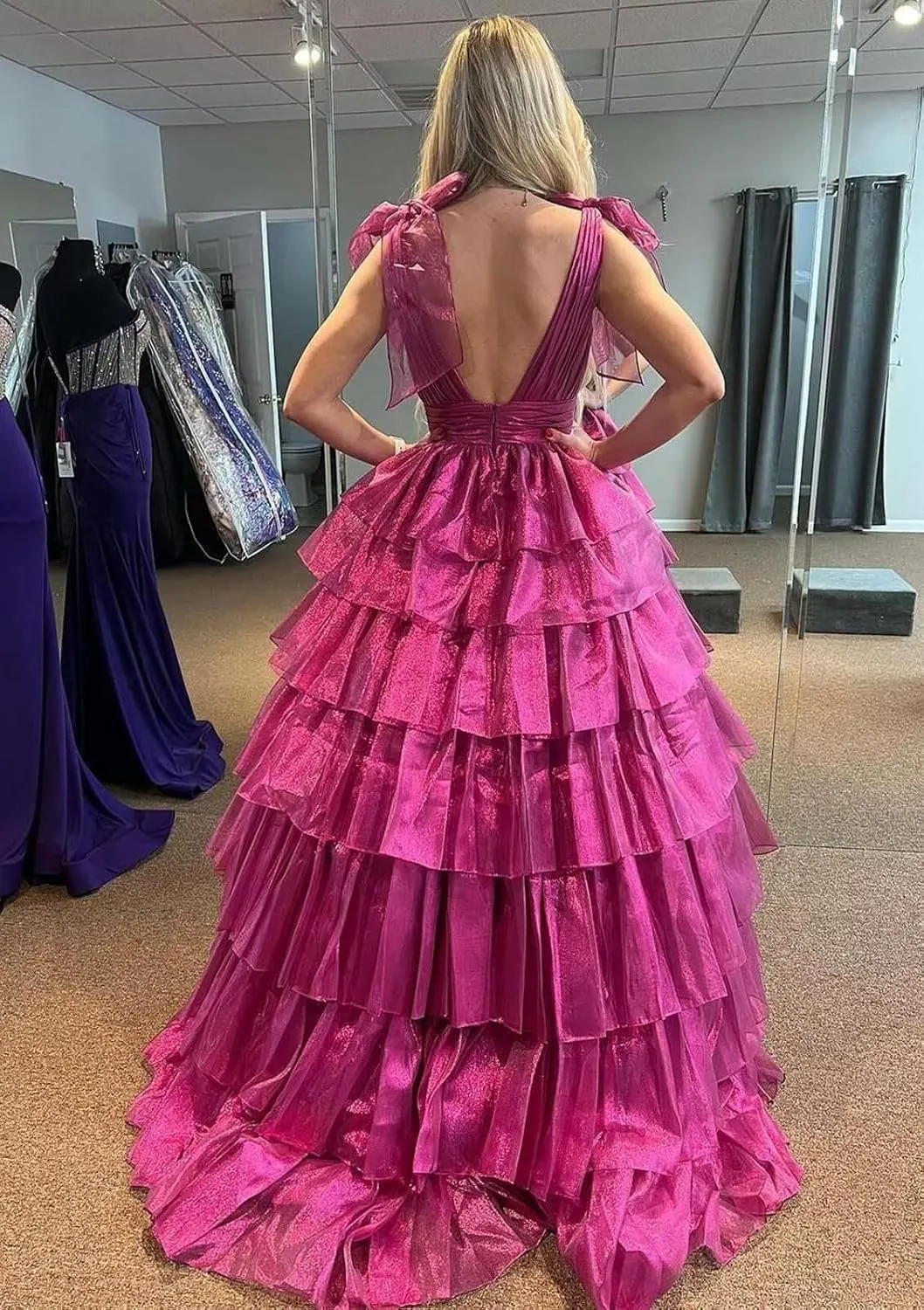 Tiered Ruffle Prom Dresses for Women Long Slit Tulle Formal Evening Dress with Bow