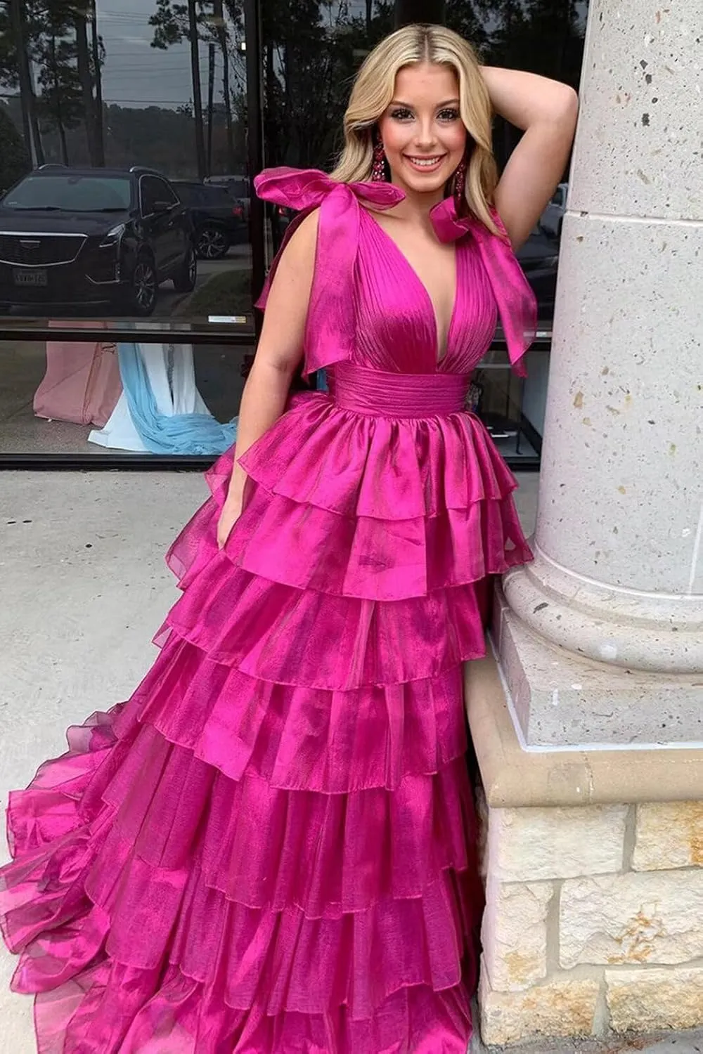 Tiered Ruffle Prom Dresses for Women Long Slit Tulle Formal Evening Dress with Bow