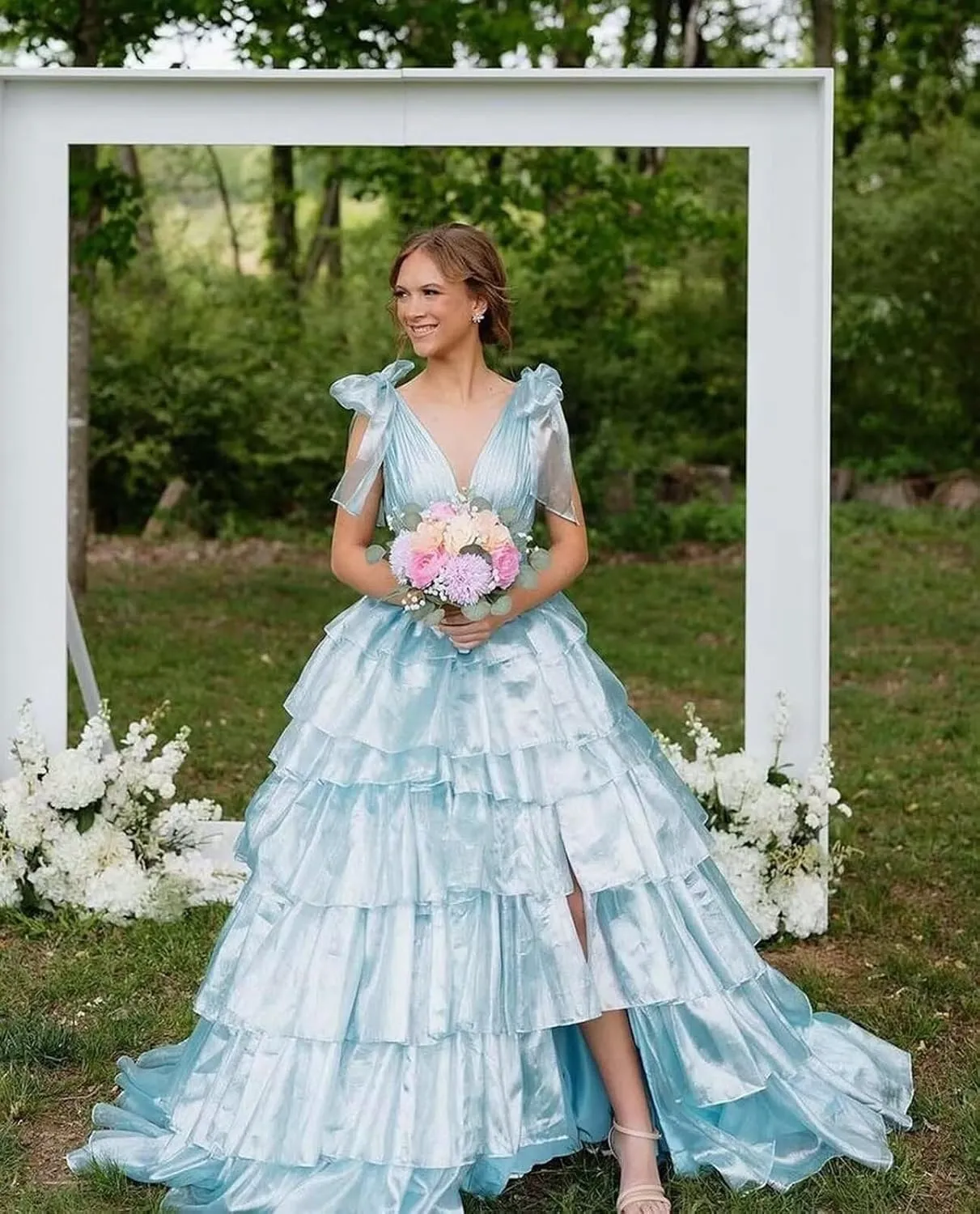 Tiered Ruffle Prom Dresses for Women Long Slit Tulle Formal Evening Dress with Bow