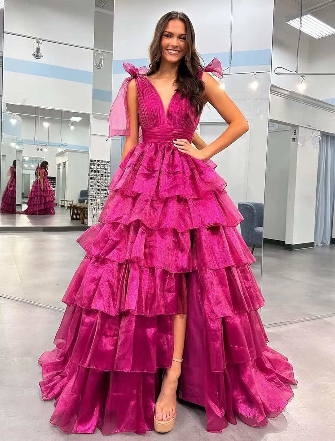 Tiered Ruffle Prom Dresses for Women Long Slit Tulle Formal Evening Dress with Bow