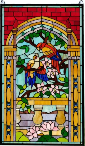 TMI ART PANEL Handcrafted Stained Glass Window Panel Love Bird Two Parrots on The Tree WL22210, WLTH22-044210