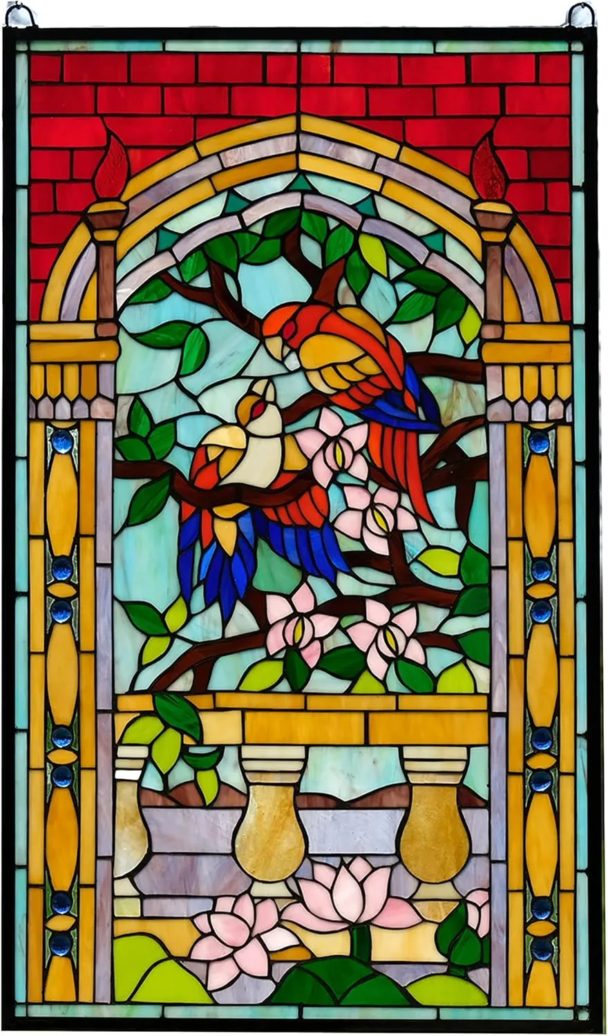 TMI ART PANEL Handcrafted Stained Glass Window Panel Love Bird Two Parrots on The Tree WL22210, WLTH22-044210