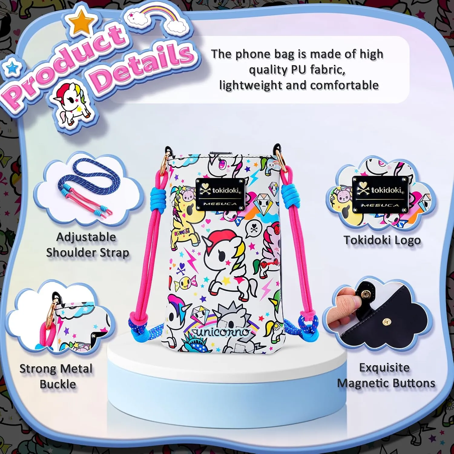 Tokidoki Official Licensed Leather Crossbody Bag with Adjustable Strap Phone Bag Shoulder Bag Coin Purses for Women