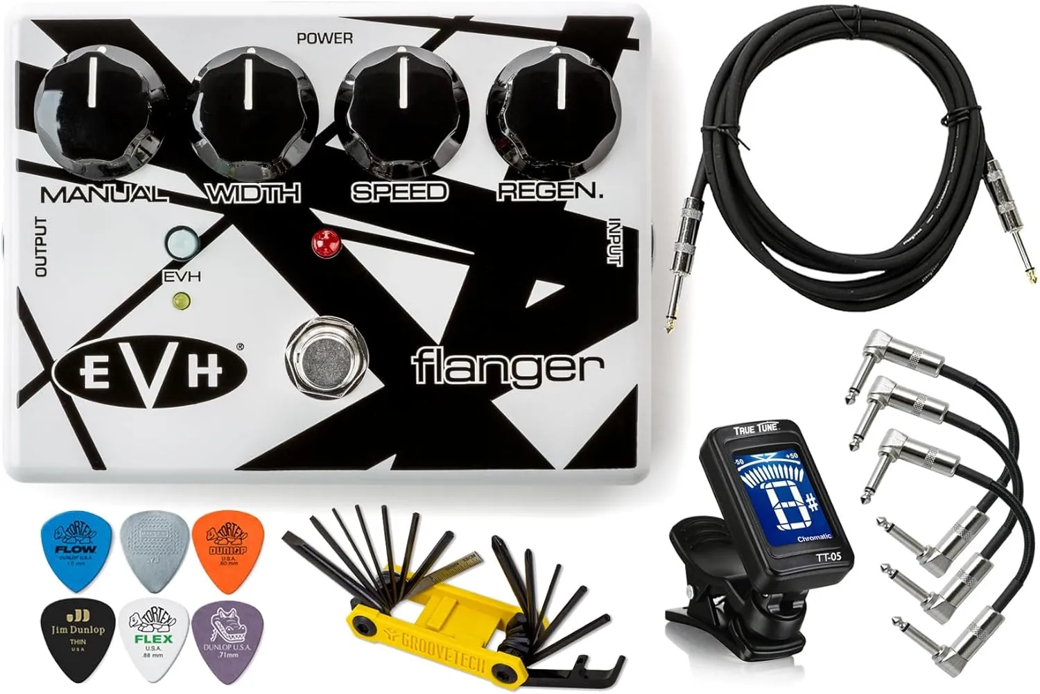 Tonebird MXR EVH117 Flanger Electric Guitar Effects Pedal Instrument Cable, Multi-Tool, Dunlop Picks, True Tune Chromatic Tuner, Patch Cable Bundle