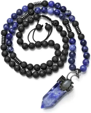 Top Plaza Natural Stone Healing Crystal Sodalite Hexagonal Pointed Gemstone Pendant Necklace Crescent Moon Jewelry Adjustable Lava Rock Beads Necklaces for Women Men