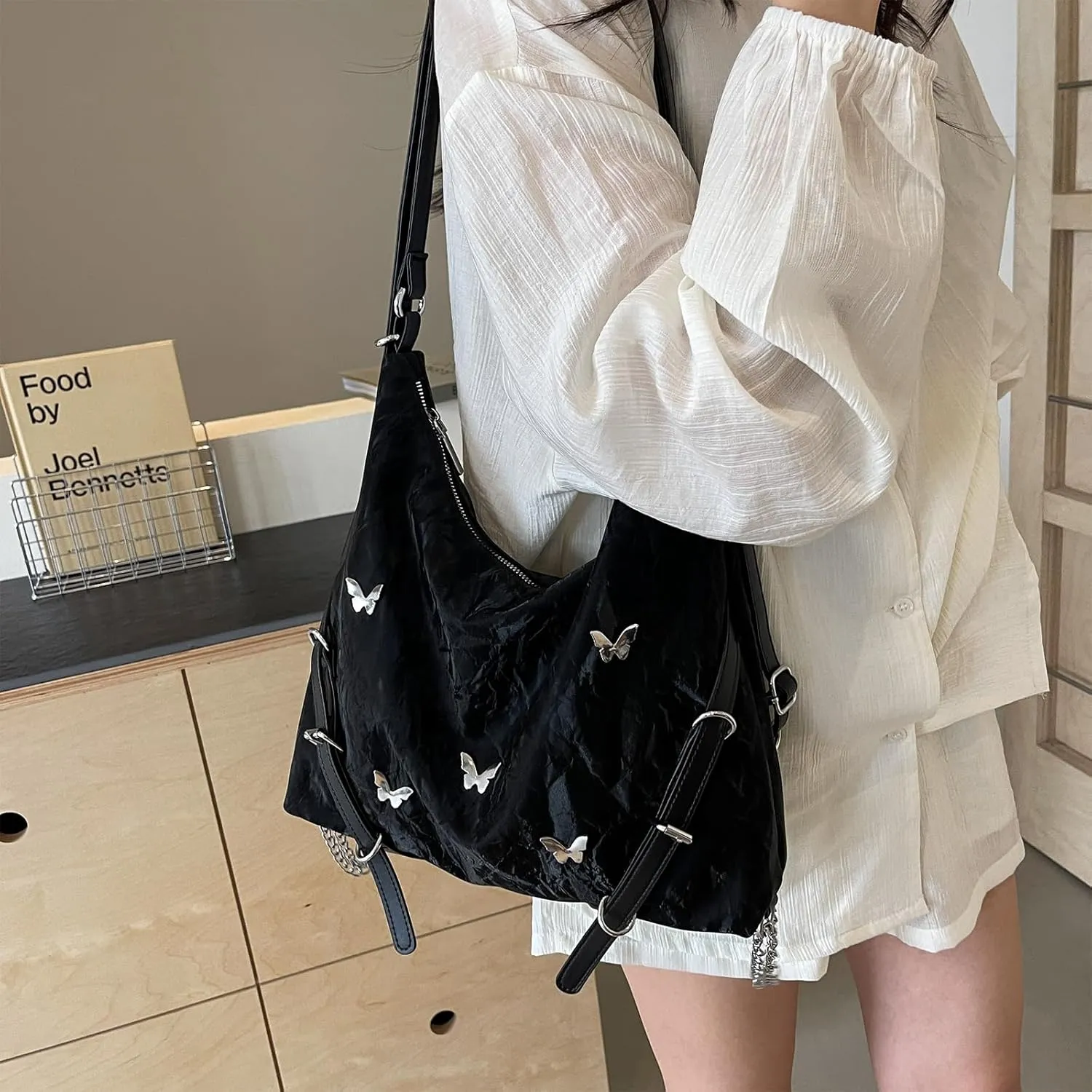 Tote Bag For Woman, Fashion PU Velvet Bag with Elegant Butterfly Decoration, Single/Double/Hand Strap Options