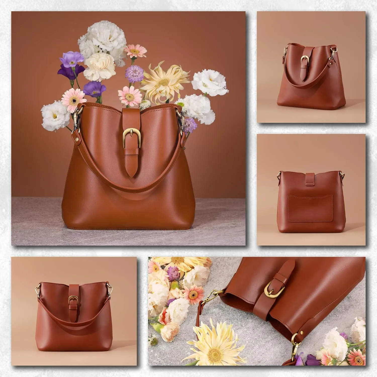 Town Bucket Vegan Leather Bag For Women Hobo Retro Faux Casual Purse Classic Vintage Simple Shoulder Handbag
