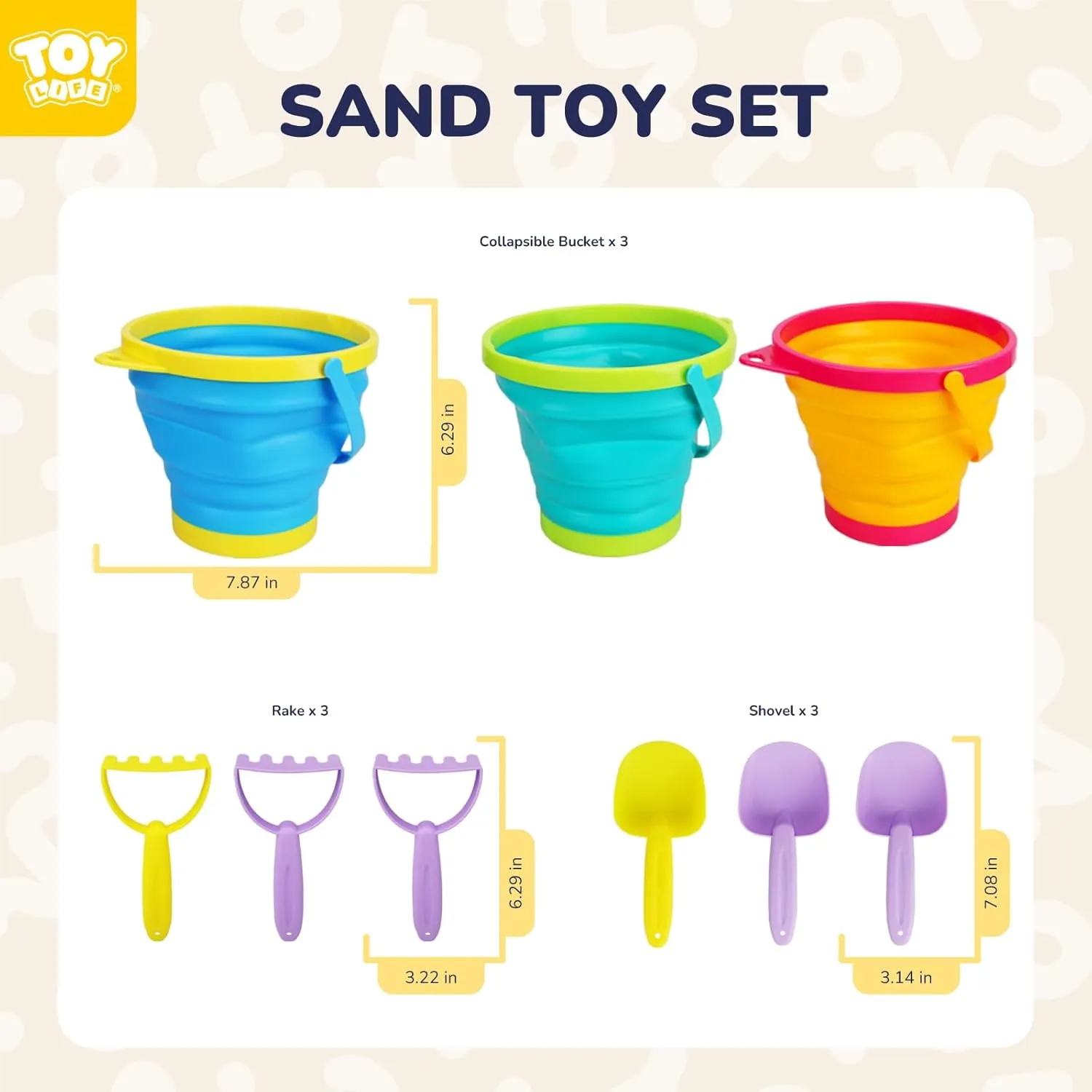 TOY Life 9 Pack Sand Buckets Toys Set with 3 Collapsible Beach Buckets 3 Shovels and 3 Rakes, Toddlers Beach Toys for Kids Ages 4-8 for Camping, Traveling, Fishing, Outdoor Summer Parties
