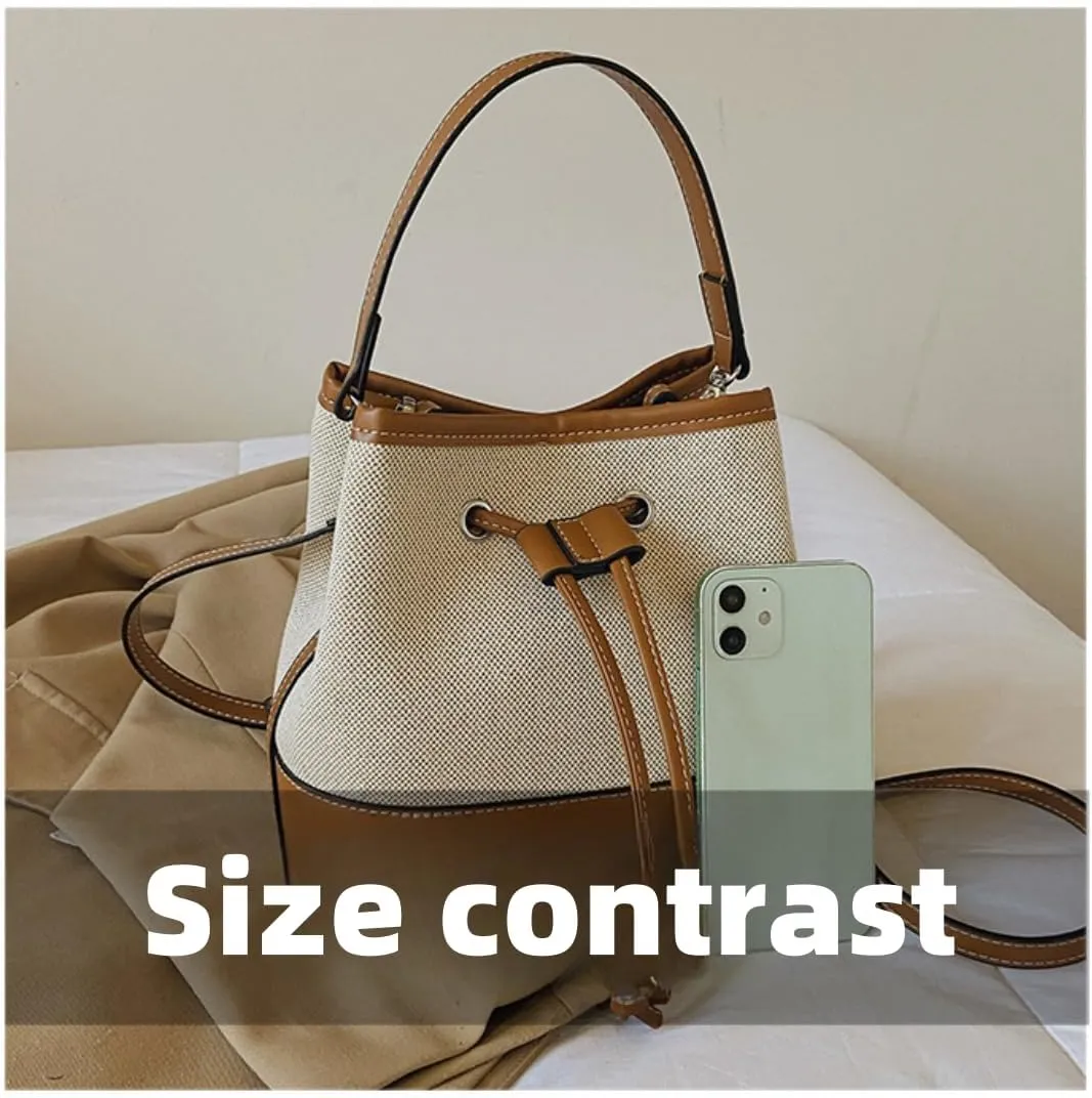 Trendy Crossbody Tote for Women - Drawstring Canvas Bucket Bag with Chic Details, Adjustable & Removable Strap