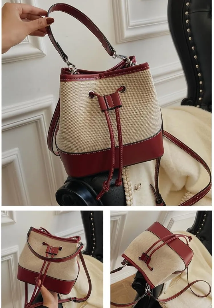 Trendy Crossbody Tote for Women - Drawstring Canvas Bucket Bag with Chic Details, Adjustable & Removable Strap