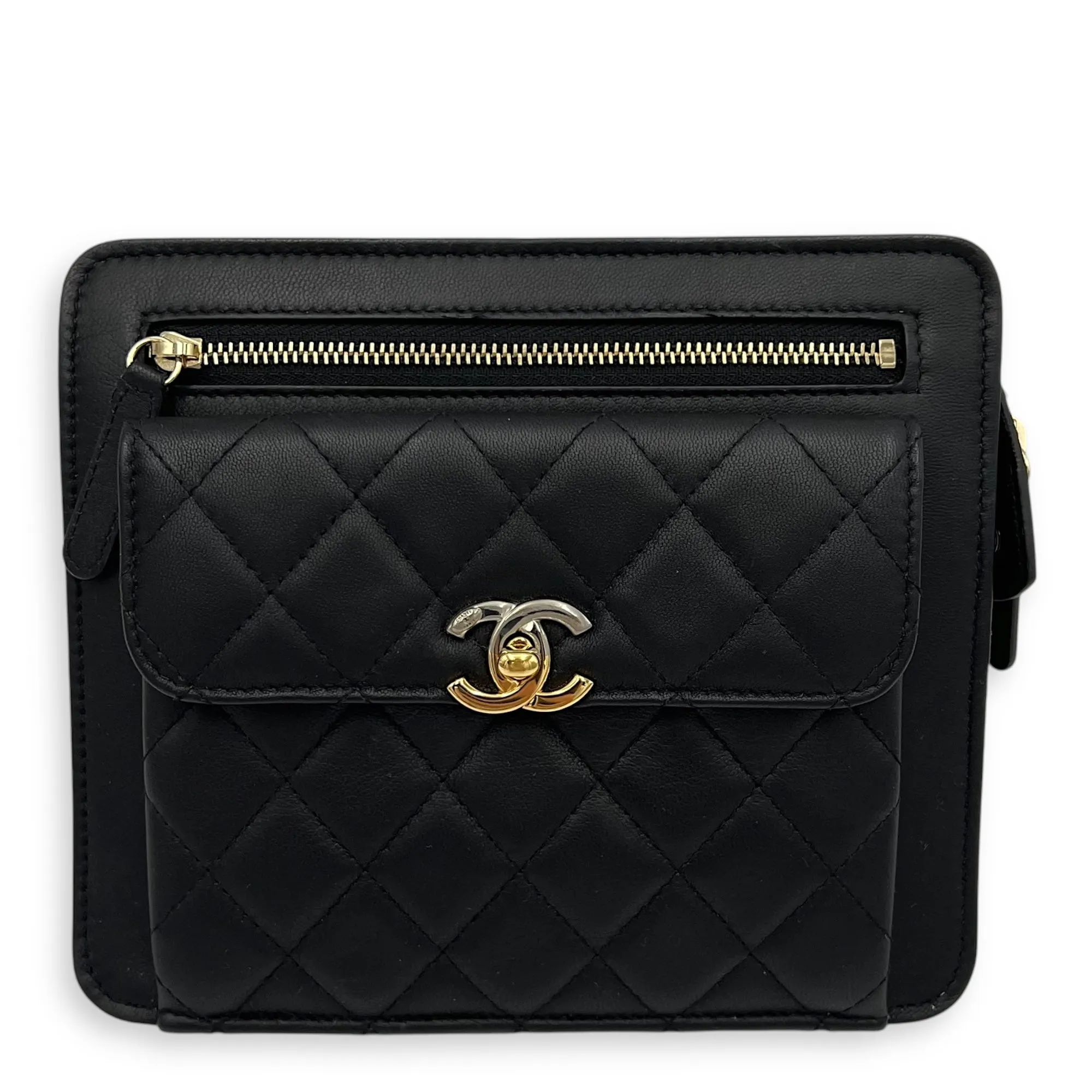 Trendy Front Pocket Black Crossbody Bag in Lambskin, Mixed hardware