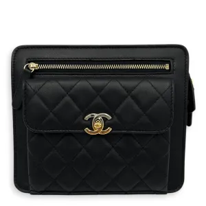 Trendy Front Pocket Black Crossbody Bag in Lambskin, Mixed hardware