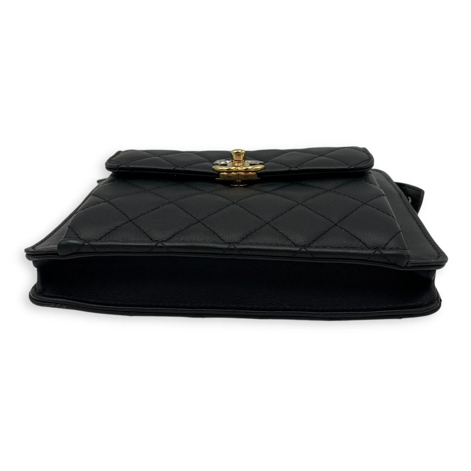 Trendy Front Pocket Black Crossbody Bag in Lambskin, Mixed hardware