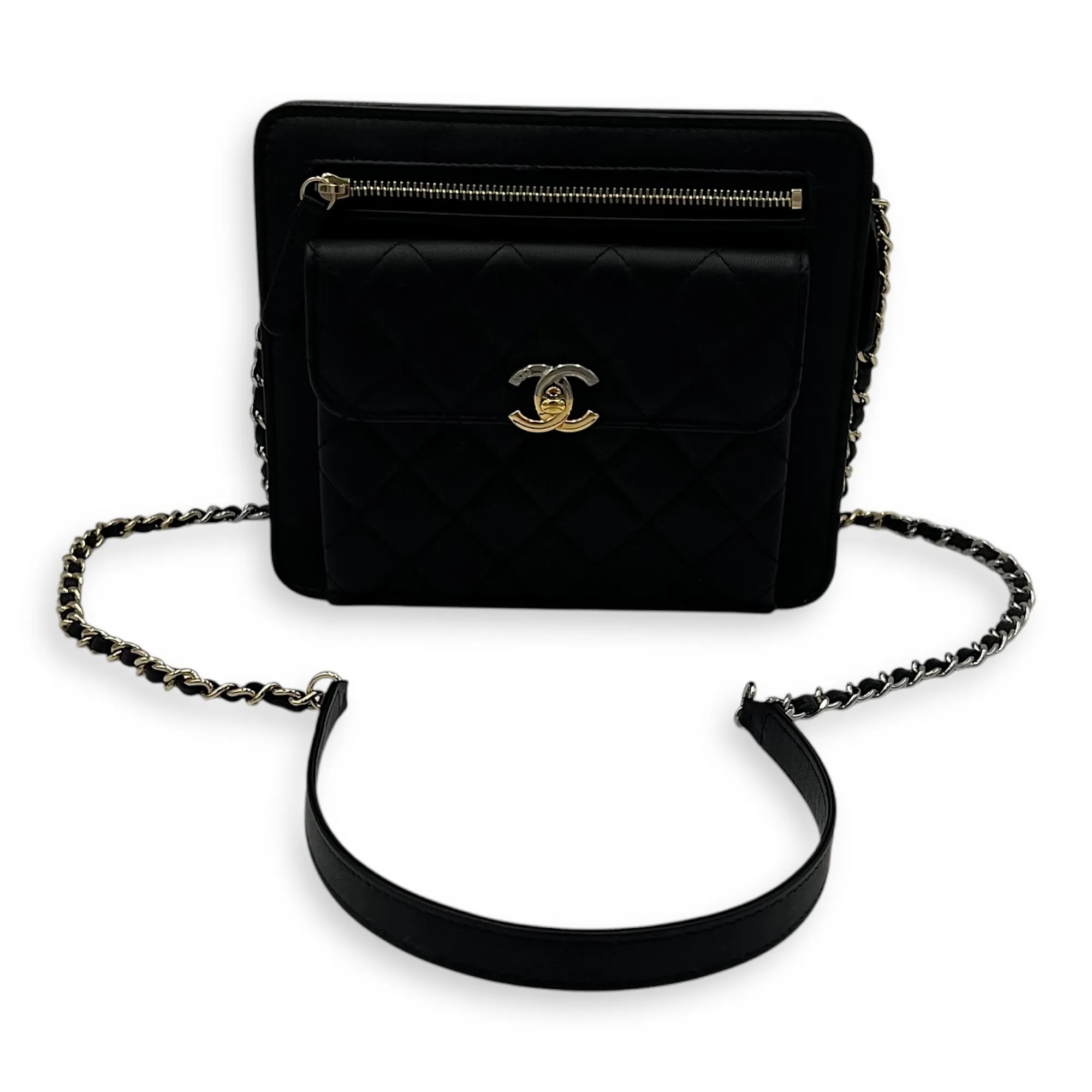 Trendy Front Pocket Black Crossbody Bag in Lambskin, Mixed hardware