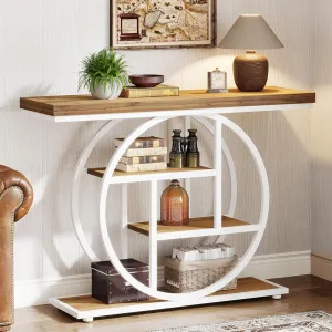 Tribesigns 41.3" Console Table, Industrial 4-Tier Sofa Table Entryway Table with Circle Base, Narrow Wood Accent Tables with Storage Shelves for Living Room, Hallway, Foyer, Brown White