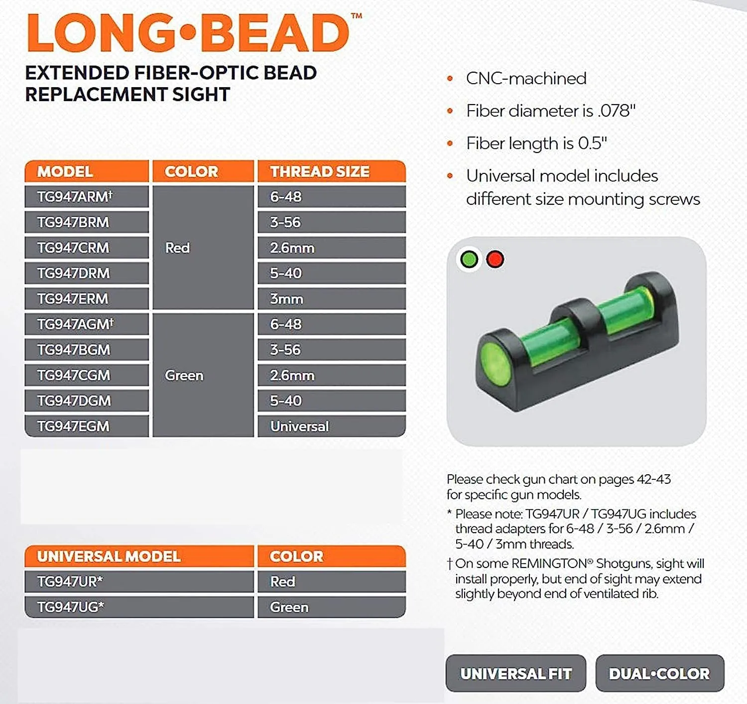 TRUGLO Bright Low-Profile All Metal Construction Long Bead Front Fiber Optic Gun Replacement Bead, Red/Green