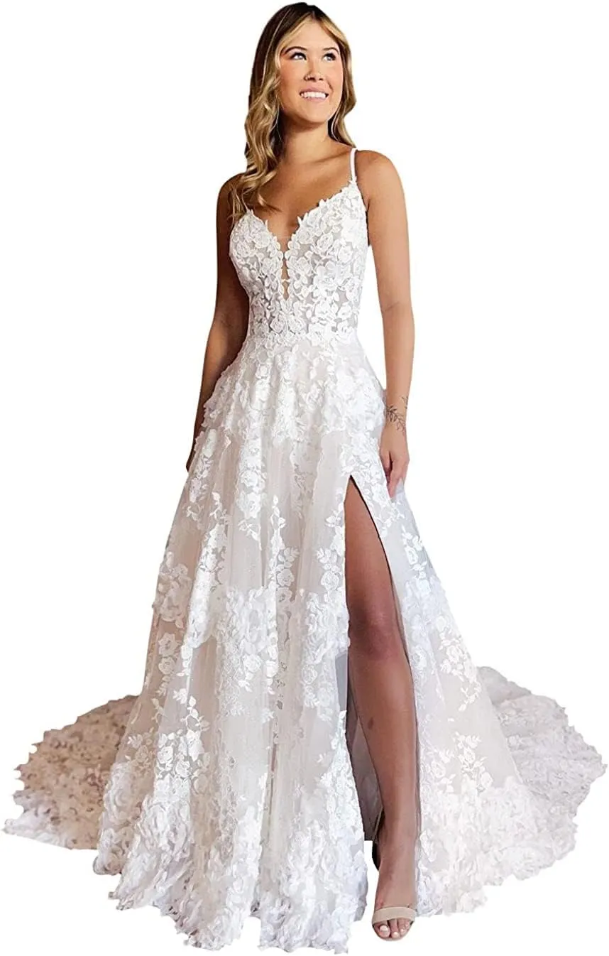 Tulle Beach Wedding Dresses for Women 2025 Lace Appliques Bridal Gown with Train