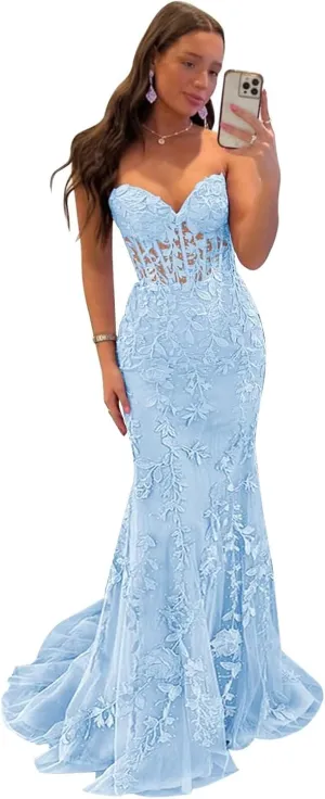 Tulle Lace Appliques Prom Dress 2025 Long Mermaid Strapless Ball Gown Evening Dresses for Women