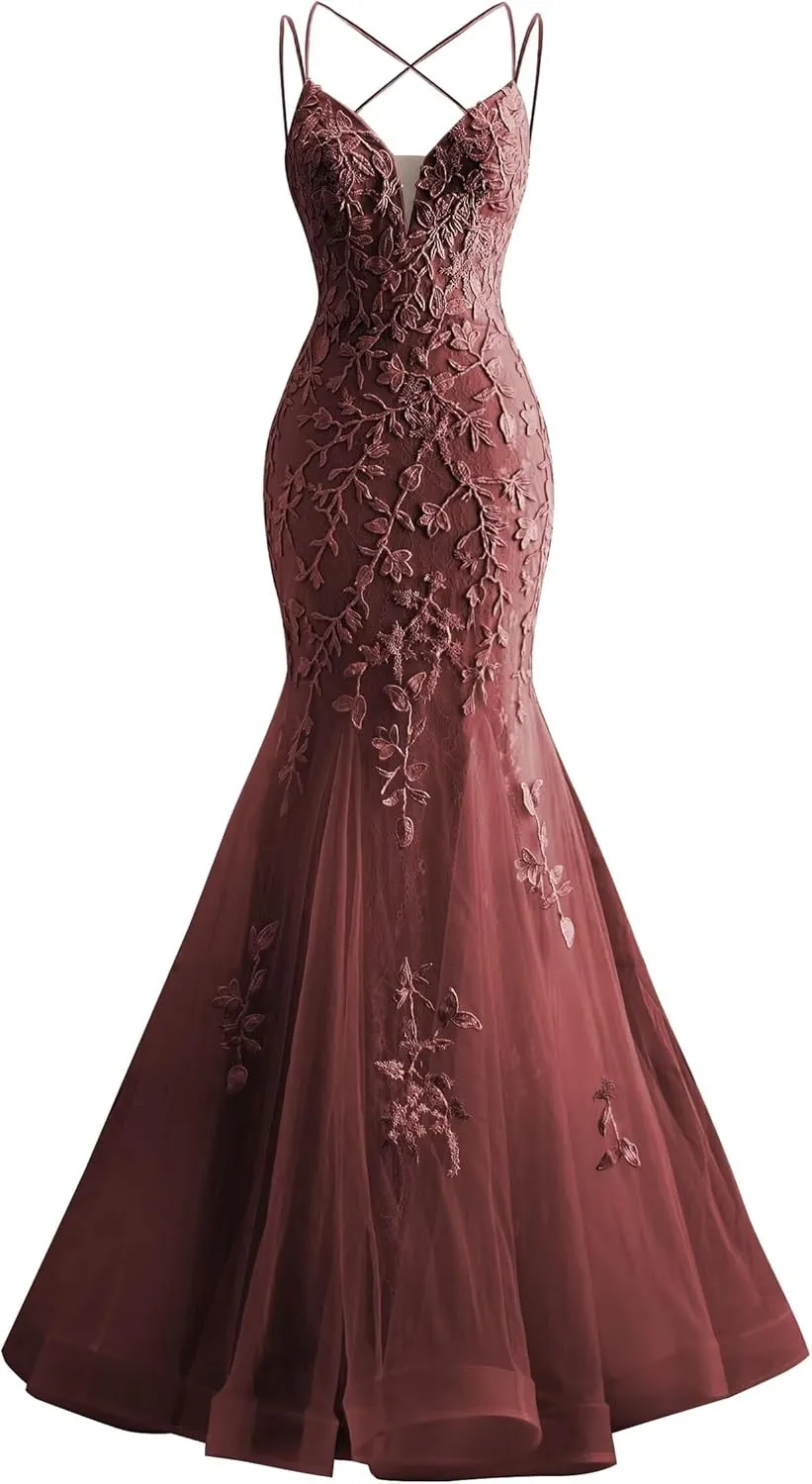 Tulle Mermaid Prom Dresses Lace Applique Spaghetti Straps Wedding Party Dresses for Women