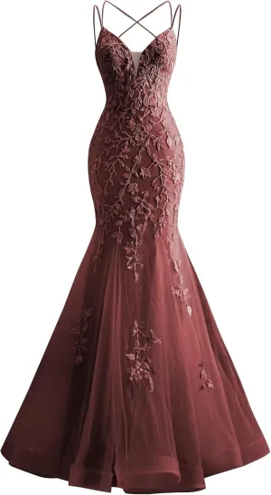 Tulle Mermaid Prom Dresses Lace Applique Spaghetti Straps Wedding Party Dresses for Women
