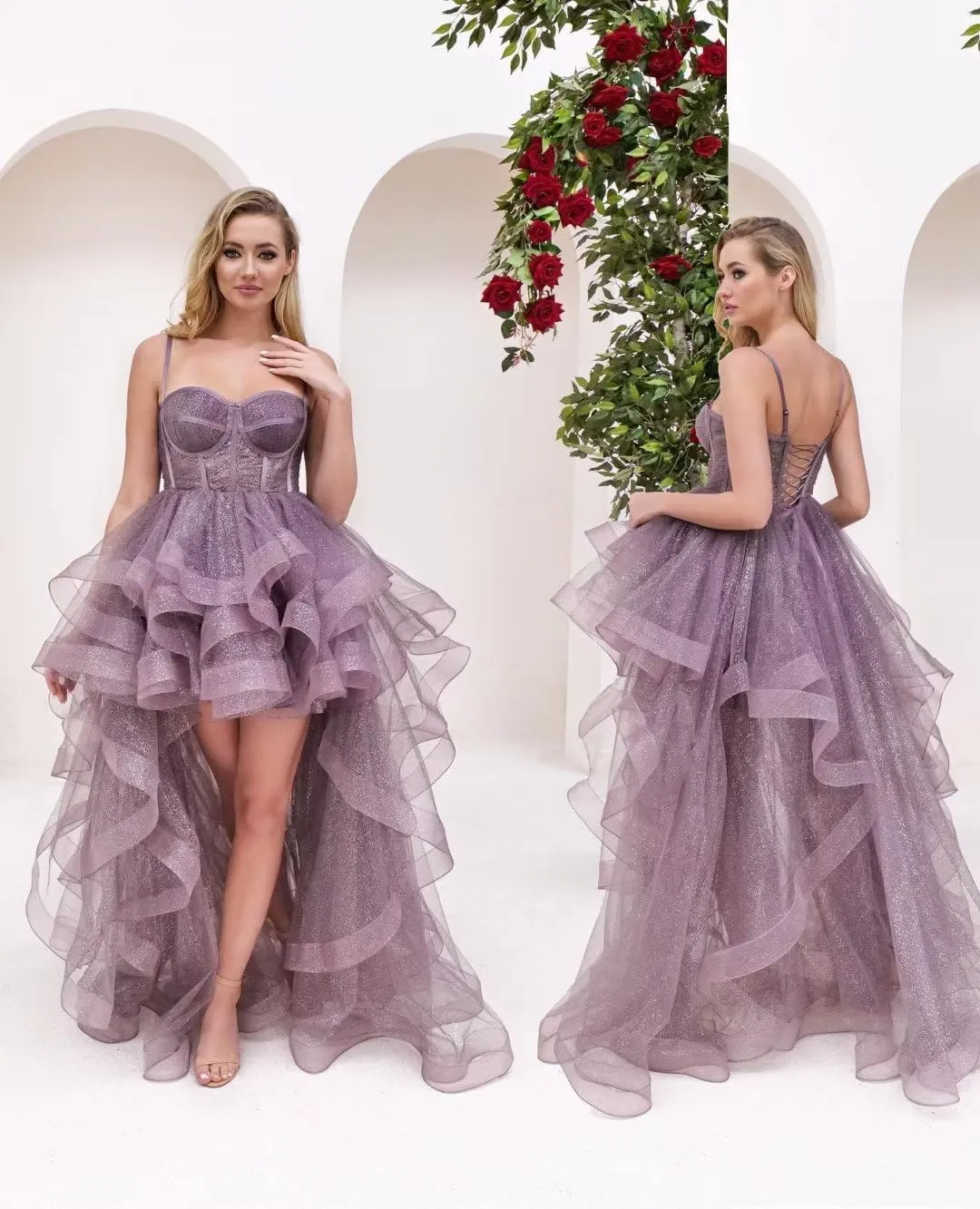 Tulle Prom Dress Spaghetti Straps Ball Gowns High Low Homecoming Dress Layered Ruffles Princess Quinceanera Dresses