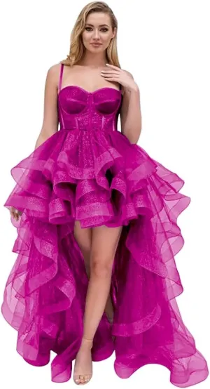 Tulle Prom Dress Spaghetti Straps Ball Gowns High Low Homecoming Dress Layered Ruffles Princess Quinceanera Dresses