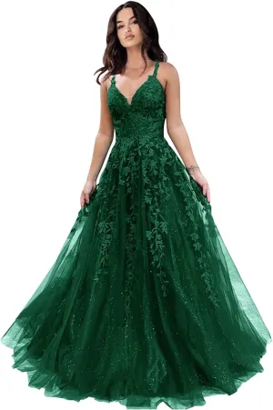 Tulle Prom Dresses for Women 2025 Sparkly Lace Appliques Long Ball Gowns Spaghetti Straps A-Line Evening Gowns