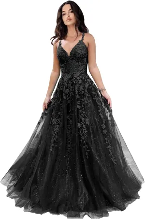 Tulle Prom Dresses for Women 2025 Sparkly Lace Appliques Long Ball Gowns Spaghetti Straps A-Line Evening Gowns