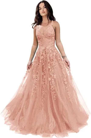 Tulle Prom Dresses for Women 2025 Sparkly Lace Appliques Long Ball Gowns Spaghetti Straps A-Line Evening Gowns