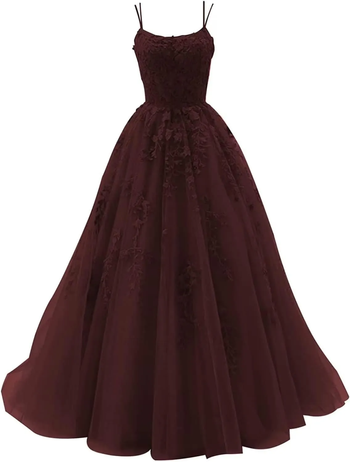Tulle Spaghetti Straps Prom Dresses Long Lace Appliques Ball Gowns for Women