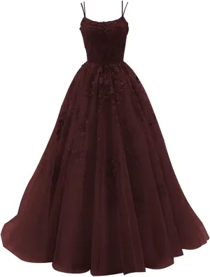 Tulle Spaghetti Straps Prom Dresses Long Lace Appliques Ball Gowns for Women