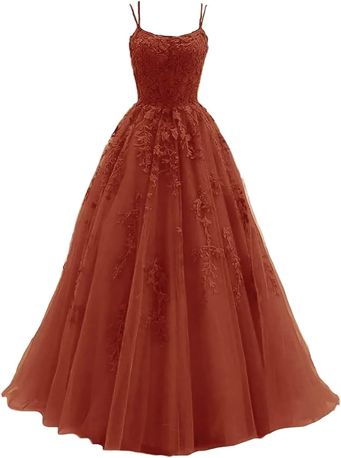 Tulle Spaghetti Straps Prom Dresses Long Lace Appliques Ball Gowns for Women