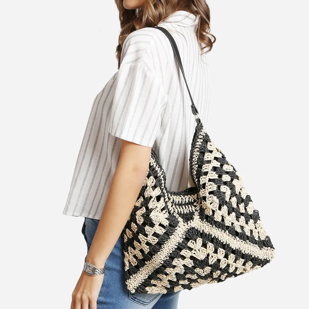 Two-Toned Pattern Design Straw Shoulder Bag