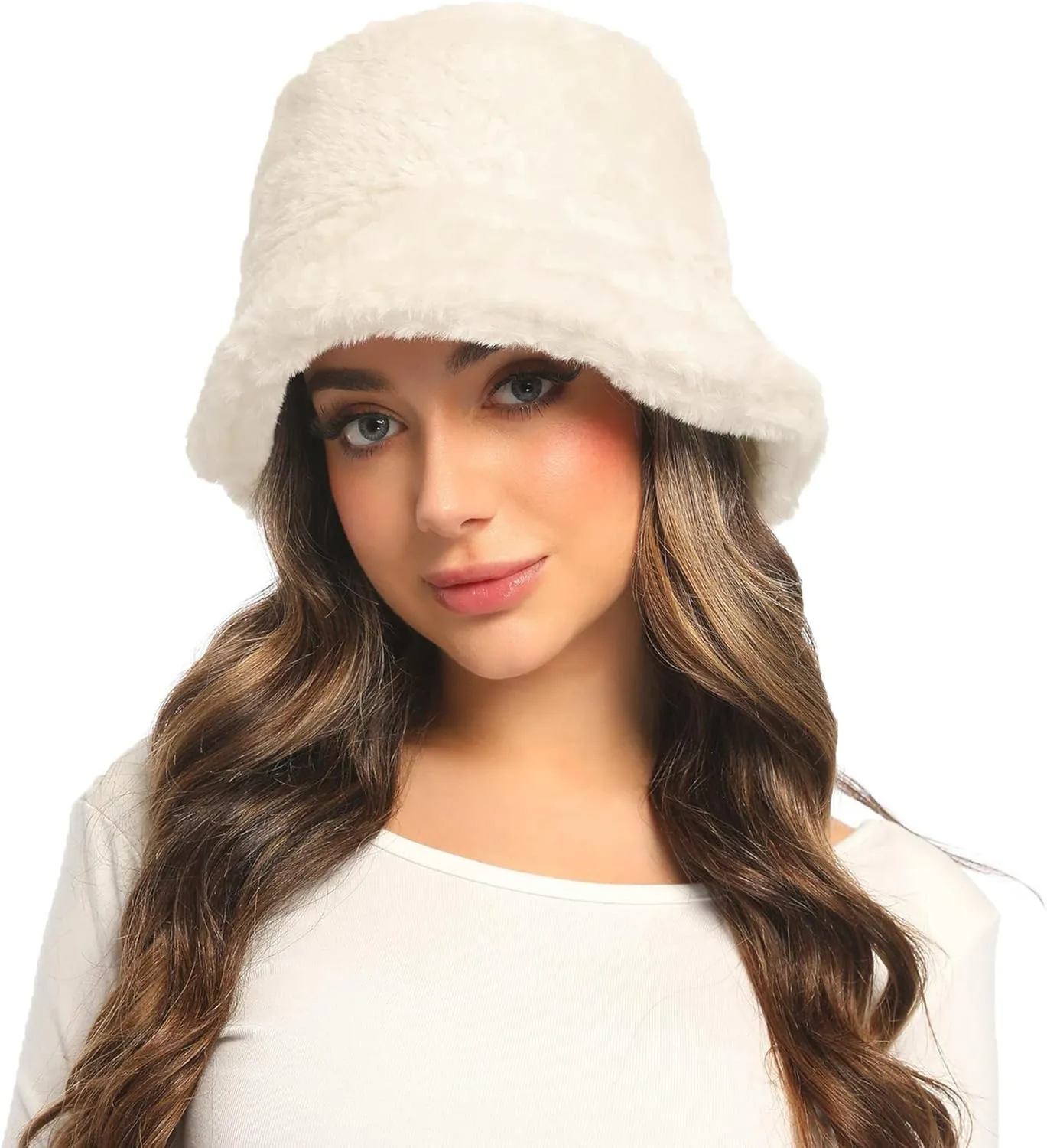 Umeepar Winter Faux Fur Fuzzy Bucket Hat Fluffy Warm Hat for Women Men