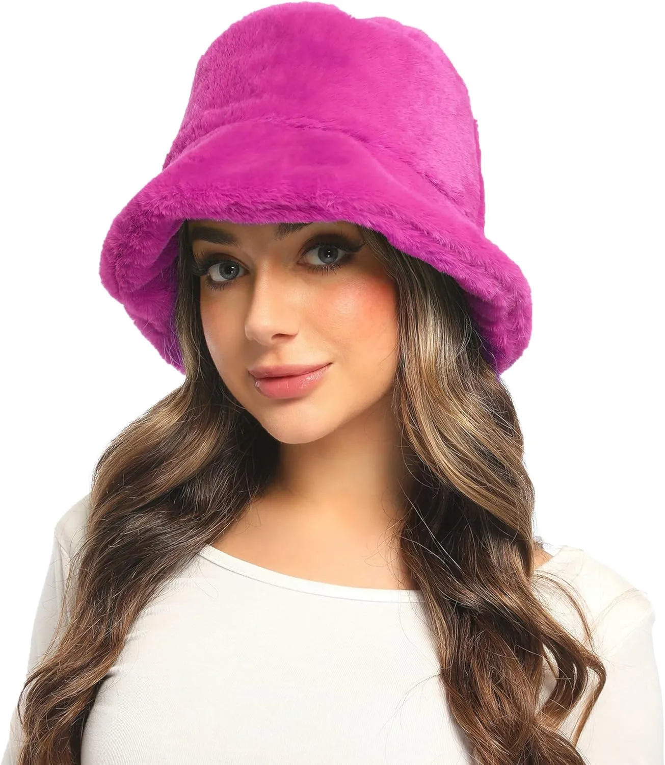 Umeepar Winter Faux Fur Fuzzy Bucket Hat Fluffy Warm Hat for Women Men