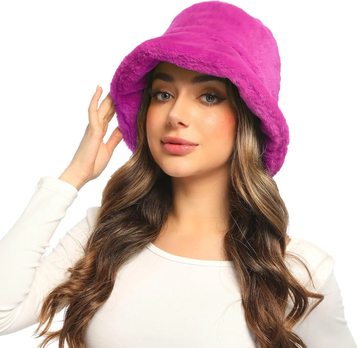 Umeepar Winter Faux Fur Fuzzy Bucket Hat Fluffy Warm Hat for Women Men